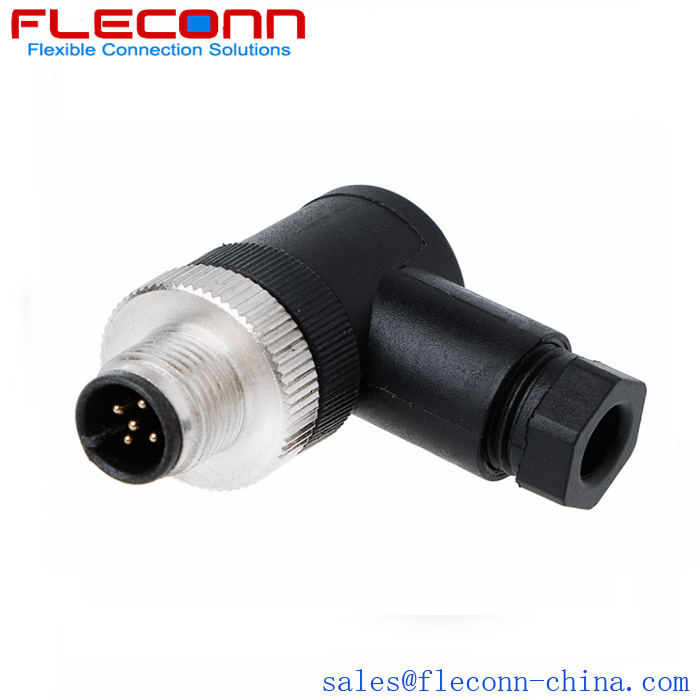 Right Angle M12 Connector, 5 Pin, Male, 90 Degree