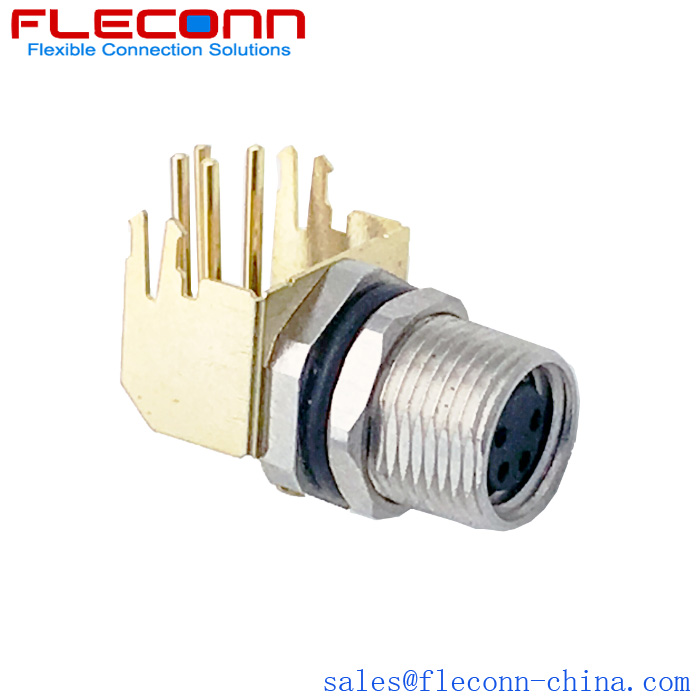 M8 4 Pin Female Right Angle Shielded Connector, Rear Panel Mounting